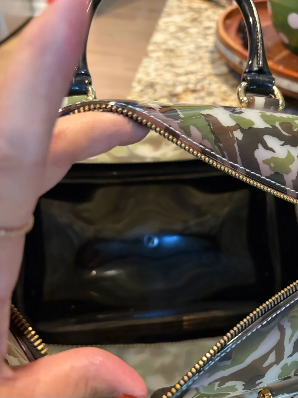 Furla Green, Brown & White Camo Patent Duffel camouflage
